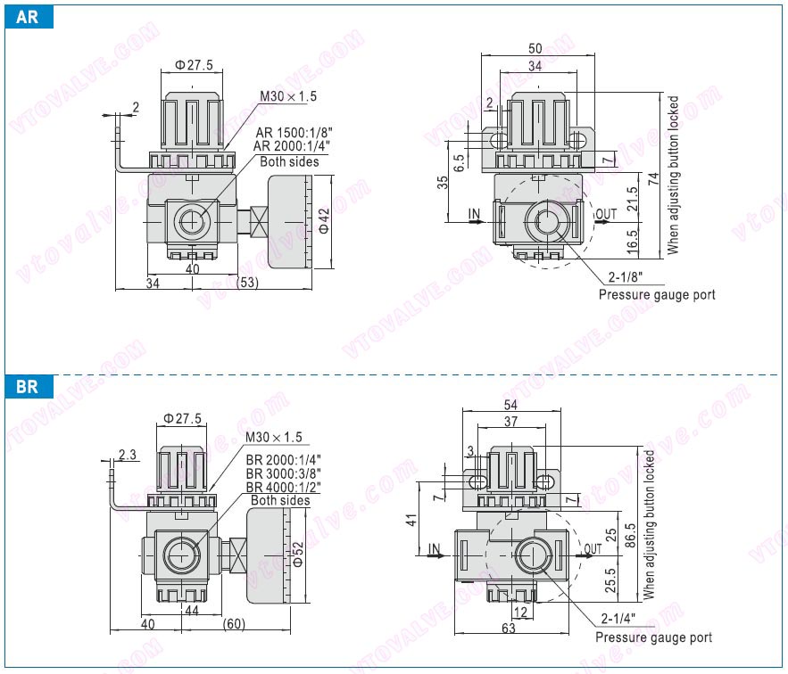 Dimensions of AR1500,AR2000,BR2000,BR3000,BR4000 F.R.L combination