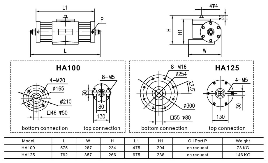 Main Dimensions and Weight of HA100, HA125