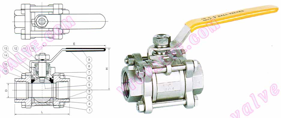 Drawing for 3PC Female Threaded Ball Valves